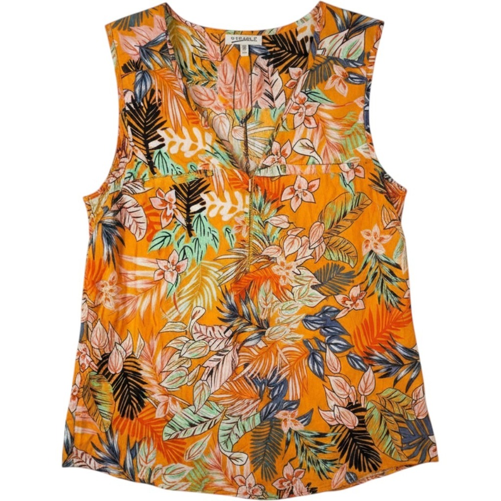 Mileage Womens XL Orange Tropical Floral Sleeveless Blouse Half Zip Boho Resort